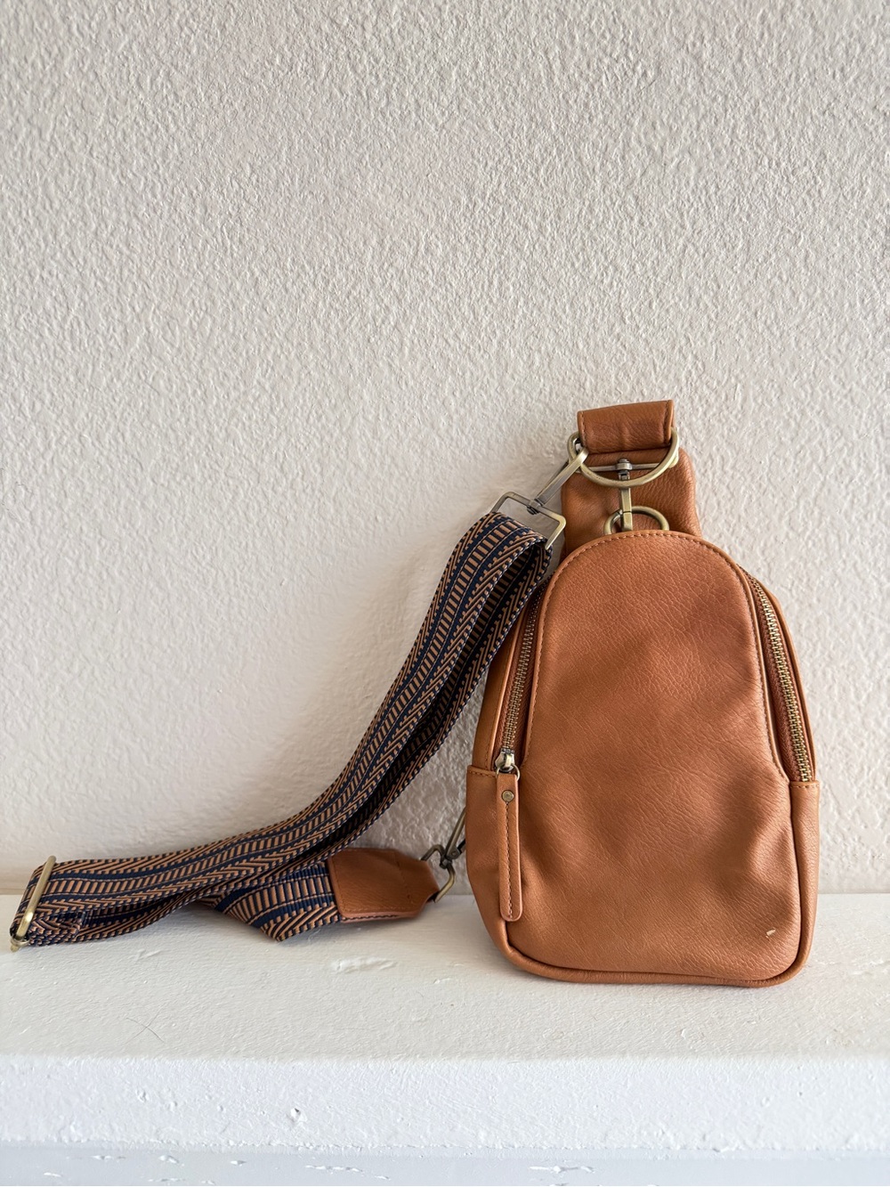Anthropologie Tan Leather Crossbody Sling Bag with Patterned Strap